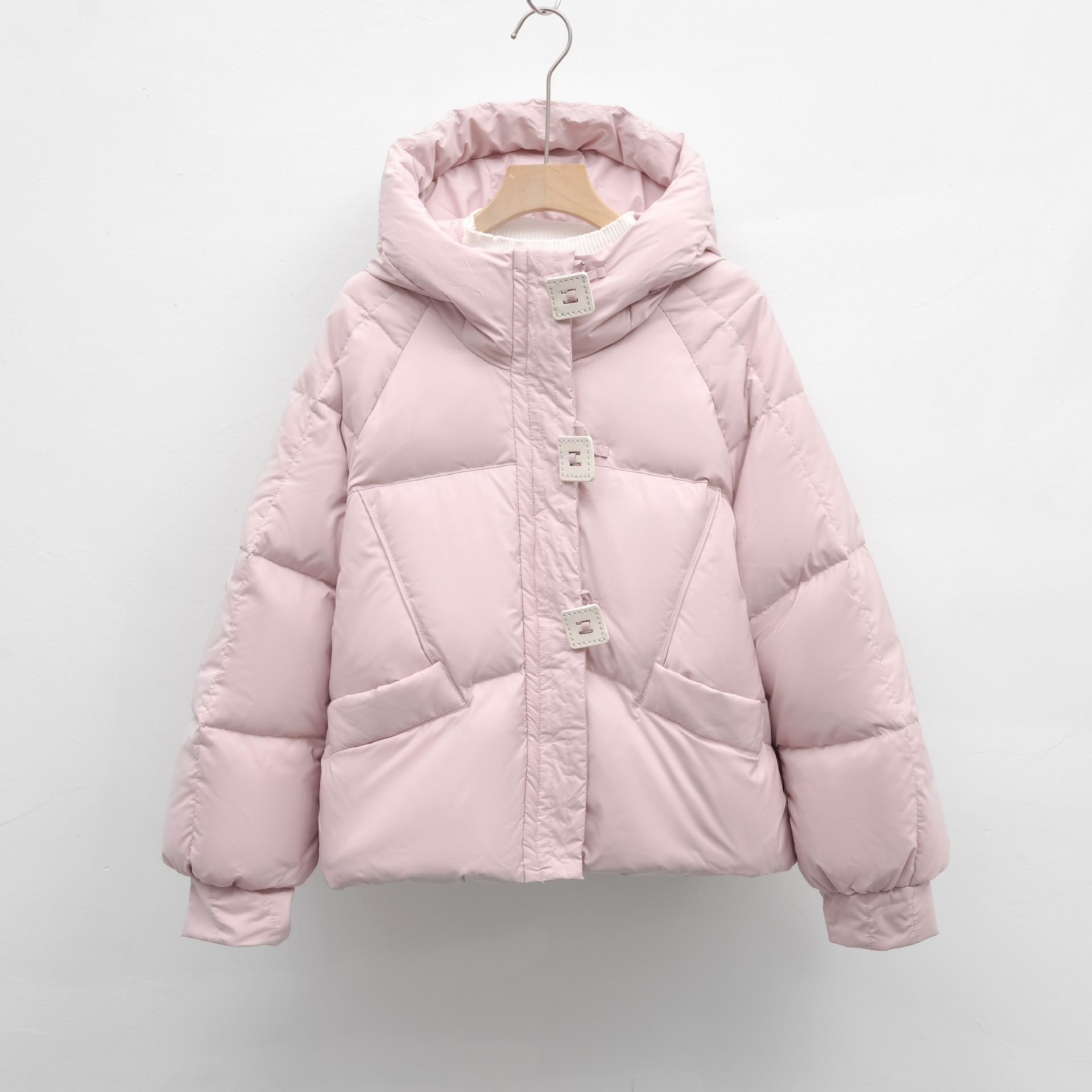 冬季新款韩版糖方扣羽绒服宽松学生小个子连帽面包服外套 粉色 M