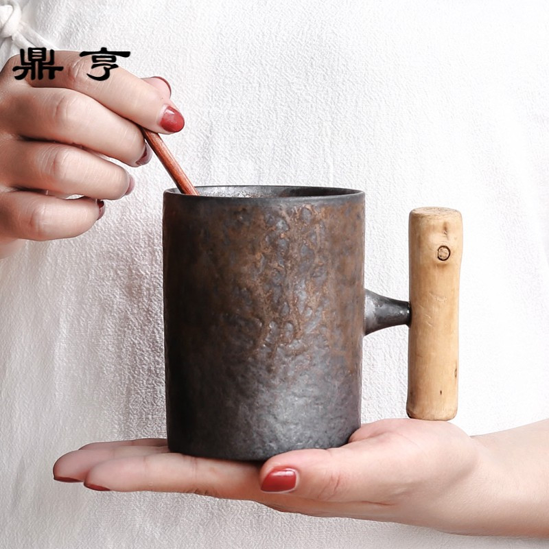 鼎亨创意手工木柄窑变马克杯带碟勺陶瓷茶杯子简约日式办公水咖啡
