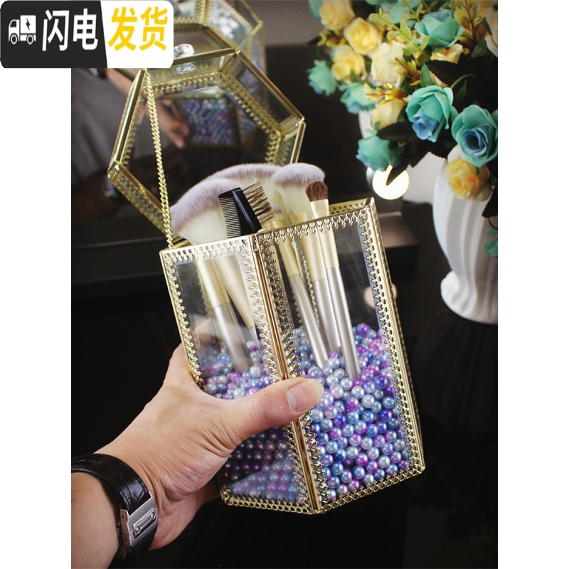 三维工匠复古铜玻璃翻盖刷具桶 美妆刷筒防尘 古铜包边化妆刷桶刷子收纳盒高清大图