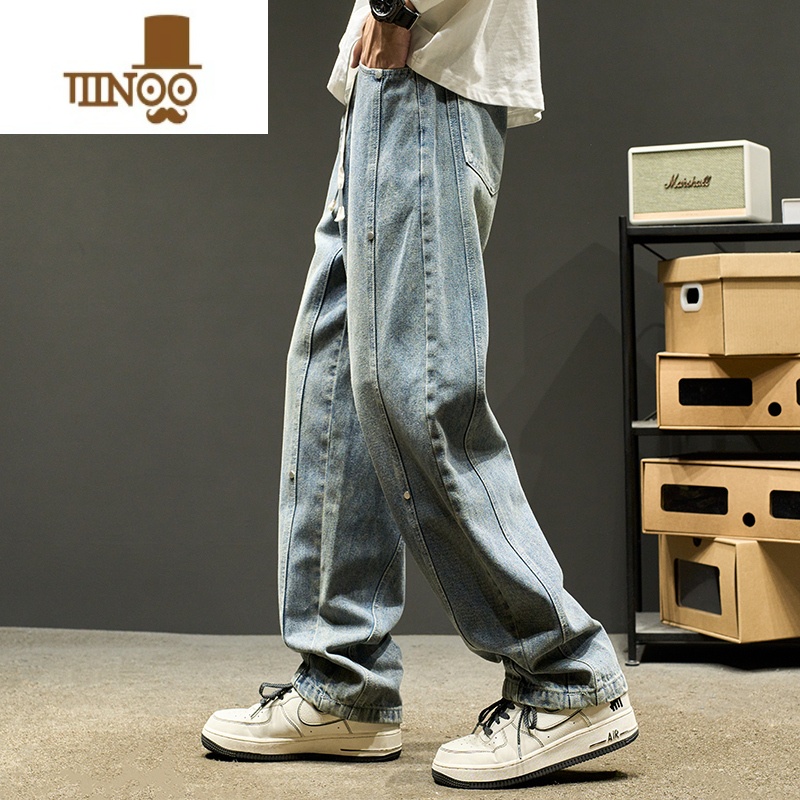 YANXU牛仔裤男美式复古水洗做旧黑色直筒裤宽松拼接工装裤子潮牌款高清大图