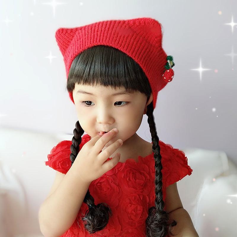 3款宝宝秋冬季假发毛线婴儿童小女孩刘海保暖帽子可爱猫耳朵12岁红色