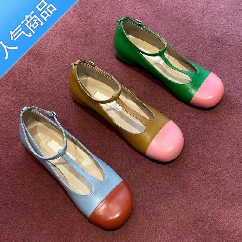 SUNTEK2023新款复古圆头撞色一字扣带单鞋女百搭拼色低跟玛丽珍鞋乐福鞋图片