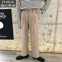 值得男装垂感阔腿裤子男韩版潮流痞帅宽松直筒休闲百搭i港风西裤西装裤_982 卡其色 2XL