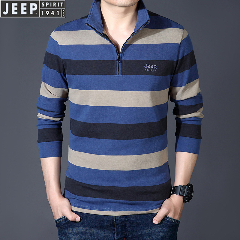 JEEP SPIRIT吉普春秋长袖T恤男装上衣纯棉时尚休闲条纹衫