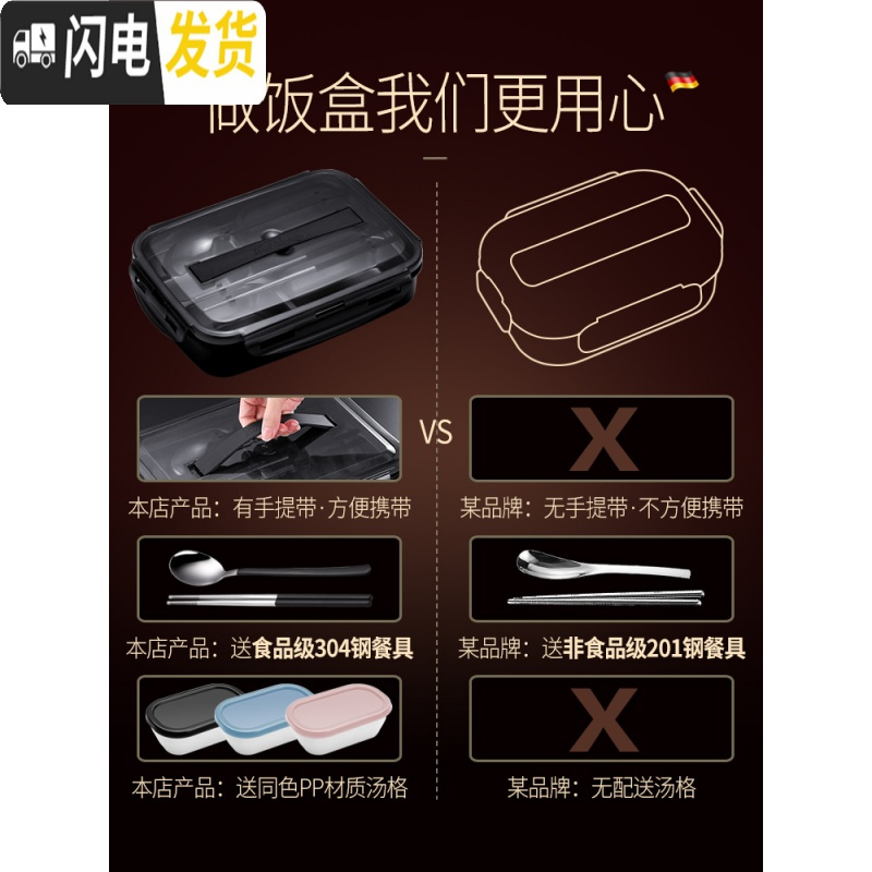 三维工匠饭盒便当小学生上班族餐盘分格304不锈钢食堂简约成人儿童隔套 大号(黑)3格+送餐具+送汤格(适合成人饭量大的)