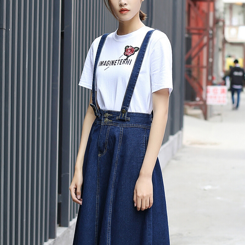 牛仔背带裙牛仔裙夏季女2018新款韩版学生中长款高腰文艺半身裙子