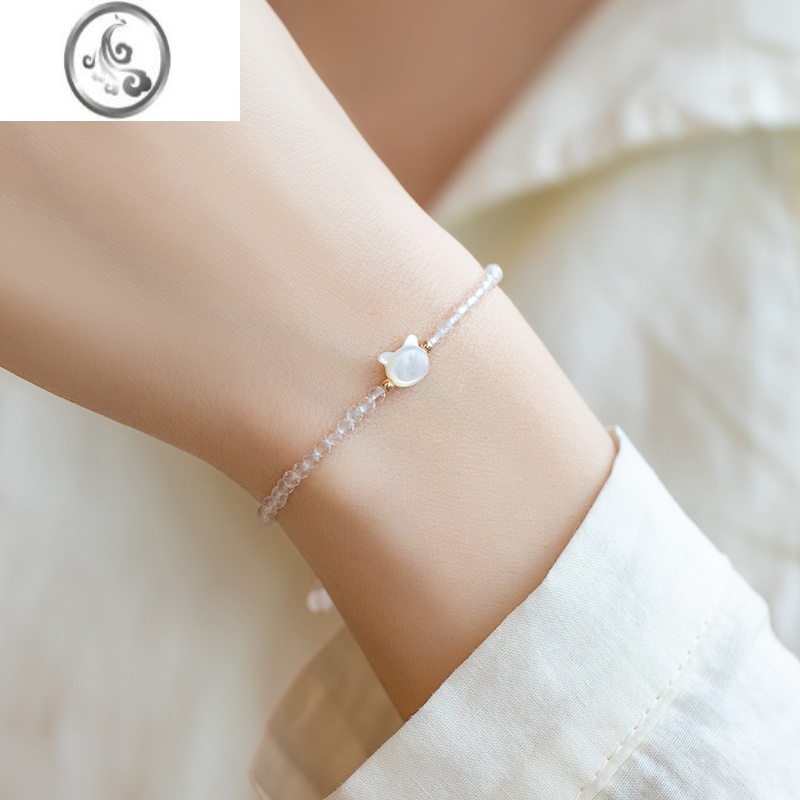 JiMi黑白咪14K包金手链可调节水晶小珍珠黑尖晶日系小众 白水晶款-手腕周长14cm