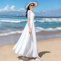 大摆裙v领连衣裙女夏2021新款蕾丝拼雪纺沙滩裙大码显瘦度假长裙