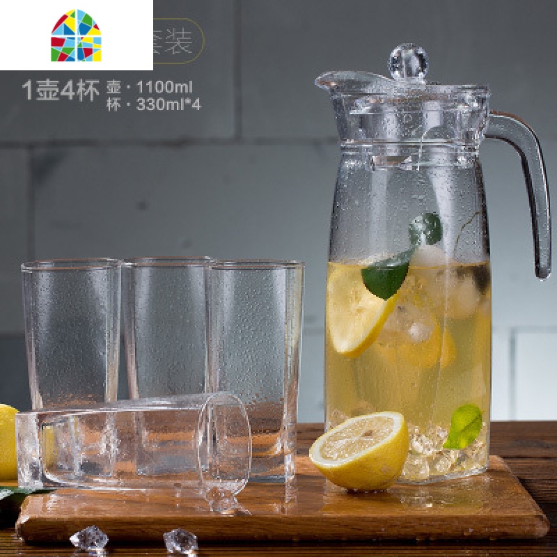 家用玻璃冷水壶凉水壶大容量果汁壶泡茶壶耐热凉白开水杯壶套装 FENGHOU 八角冰蓝5件套高清大图