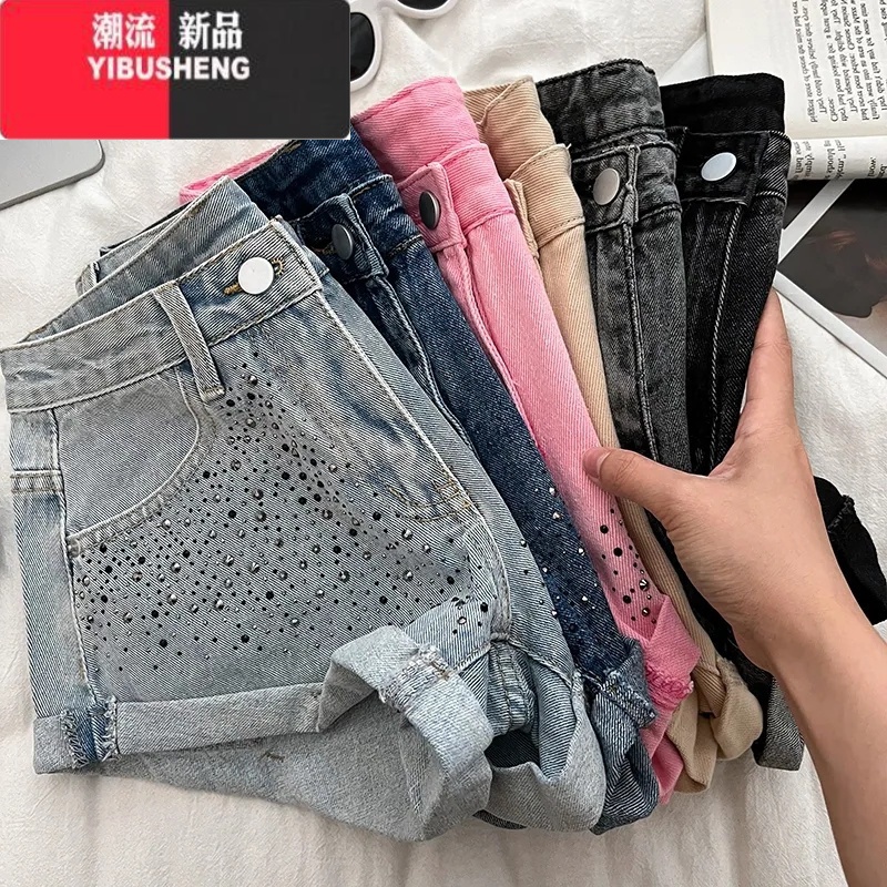 YIBUSHENG复古时尚设计感重工烫钻高腰显瘦牛仔短裤卷边阔腿裤休闲裤热裤女高清大图