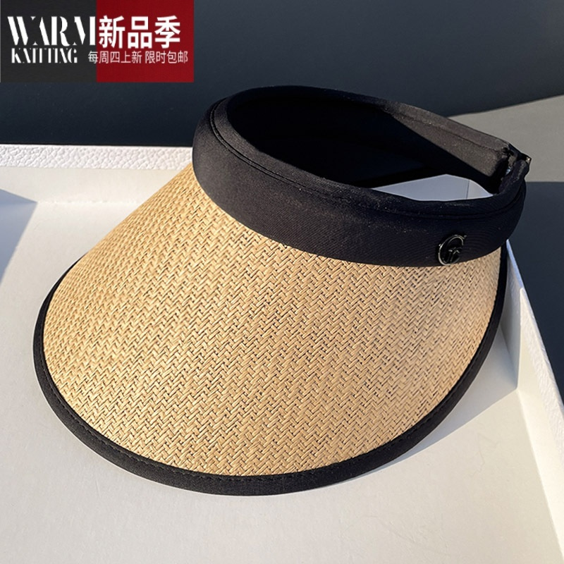 shanchao硬顶大檐遮阳帽女草编帽夏季骑车遮脸空顶帽太阳帽子