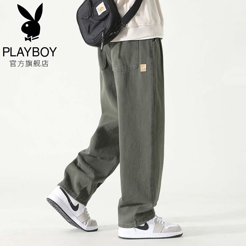 花花公子休闲裤子男士春季新款潮牌宽松直筒青少年纯棉阔腿男长裤