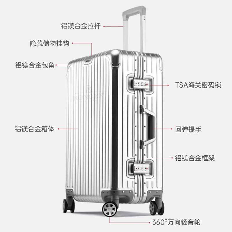 罗恩Ronoen全铝镁合金行李箱26寸万向轮拉杆箱24寸男女商务出差小型20寸登机箱密码箱子旅行箱29寸金属箱包托运