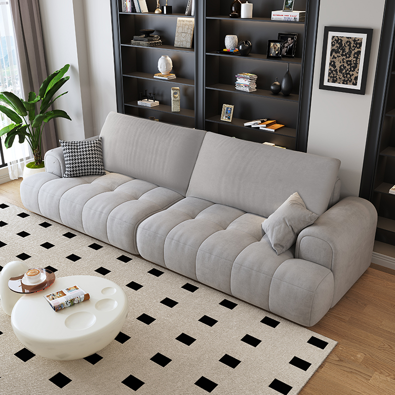 暖白色奶油风猫抓布艺沙发大小户型家用客厅现代简约泡芙直排沙发高清大图