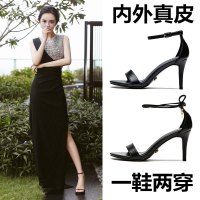 金三志2021年夏季新款皮一字扣带凉鞋女仙女风黑色性感细跟网红高跟鞋凉鞋