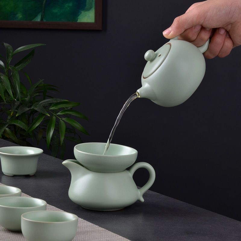 汝窑茶具套装家用简约茶杯茶壶茶海整套茶具10头陶瓷茶具礼盒套装 单过滤组