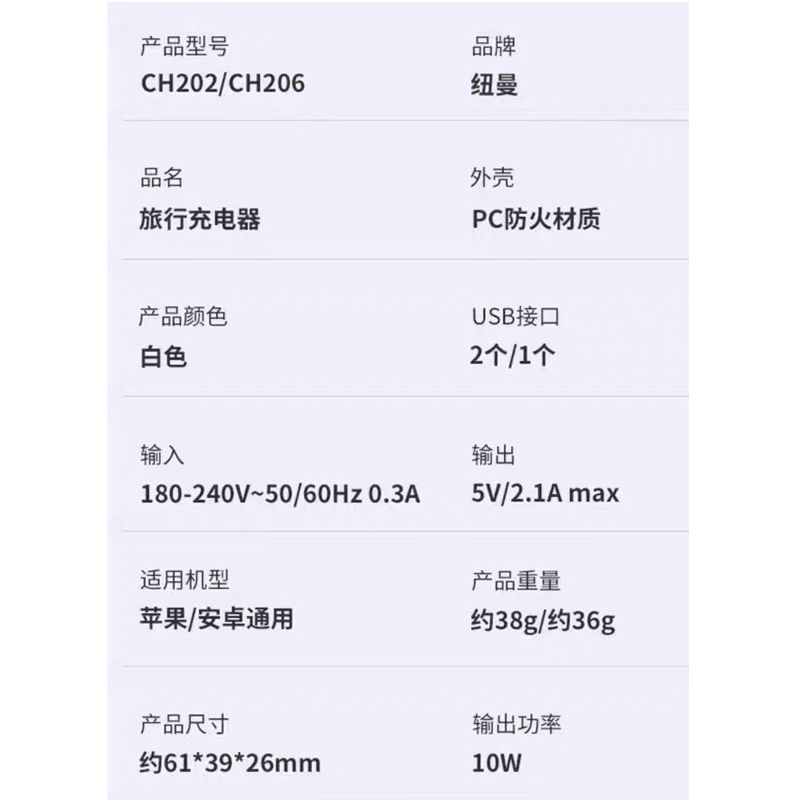 纽曼(Newmine)单口充头CH206白色苹果14华为小米手机平板ipad安卓充电器插头多口usb数据线5V 2个起订高清大图