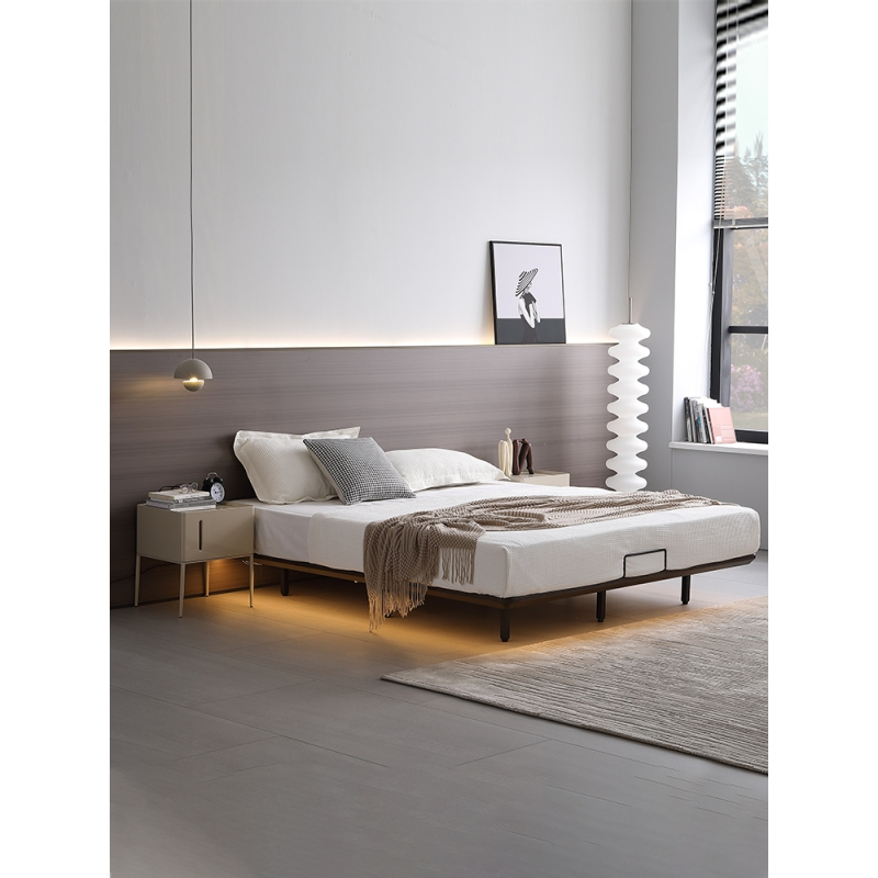 掌上明珠极简无床头实木架悬浮双人床布艺软靠智能灯带大床 cx