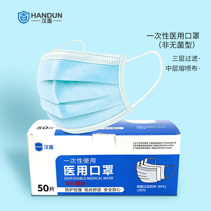 汉盾(HANDUN) 三层蓝色一次性口罩 防尘透气防飞沫(非灭菌型)50只装