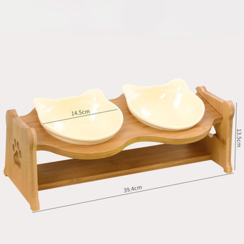 猫碗宠物用品碗陶瓷双碗食盆防打翻木架护颈吃饭喝水斜口碗猫咪碗 猫耳双碗+木架+纯黄色 高度调节大小通用