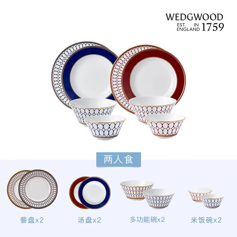 WEDGWOOD 5C102108PCSR金粉年华两人食4盘4碗餐具套组(蓝配红)高清大图