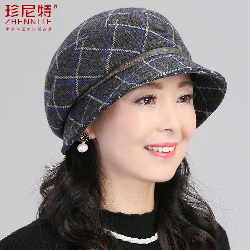 羊毛呢帽子女春秋冬季中老年渔夫帽中年妈妈盆帽奶奶保暖老人女帽 藏青 均码(可调节)图片
