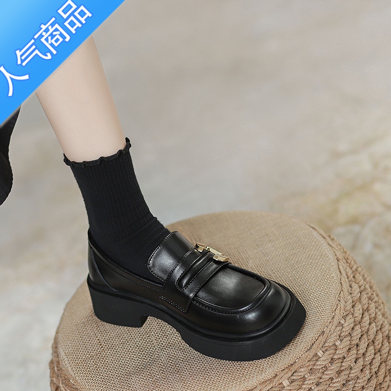 SUNTEK英伦风小皮鞋女2023新款春季厚底乐福鞋黑色鞋子百搭平底单鞋高清大图