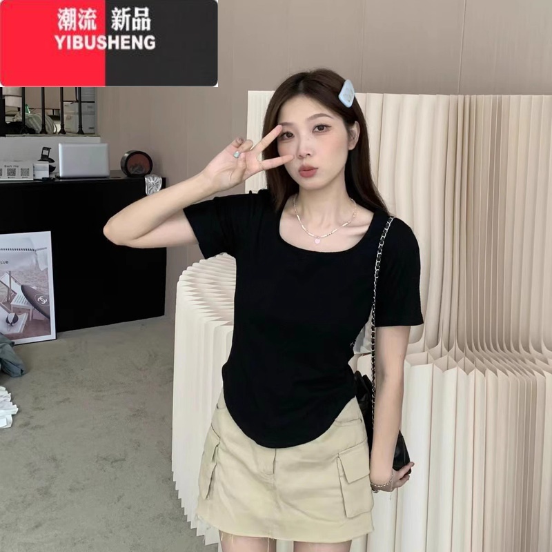 YIBUSHENG大码微胖方领正肩短袖t恤2024新款季胖mm显瘦遮肚不规则上衣女 黑色 XL码建议120-140斤