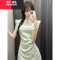YIBUSHENG绿色新中式盘扣小飞袖气质连衣裙女季短款收腰显瘦改良国风旗袍