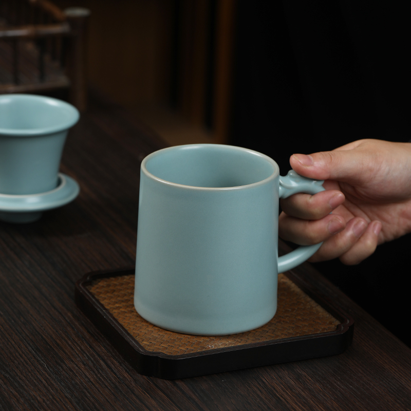 MULTIPOTENT办公杯汝窑开片陶瓷盖杯商务会议泡茶杯汝窑玉脂青君子杯伴手礼盒高清大图