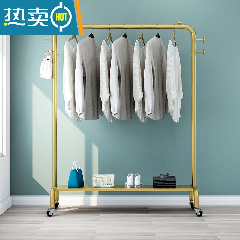 敬平简易晾衣架落地家用卧室折叠学生宿舍晒挂衣架阳台置物衣服架带轮 纳米金色长90高155带轮+带板高清大图