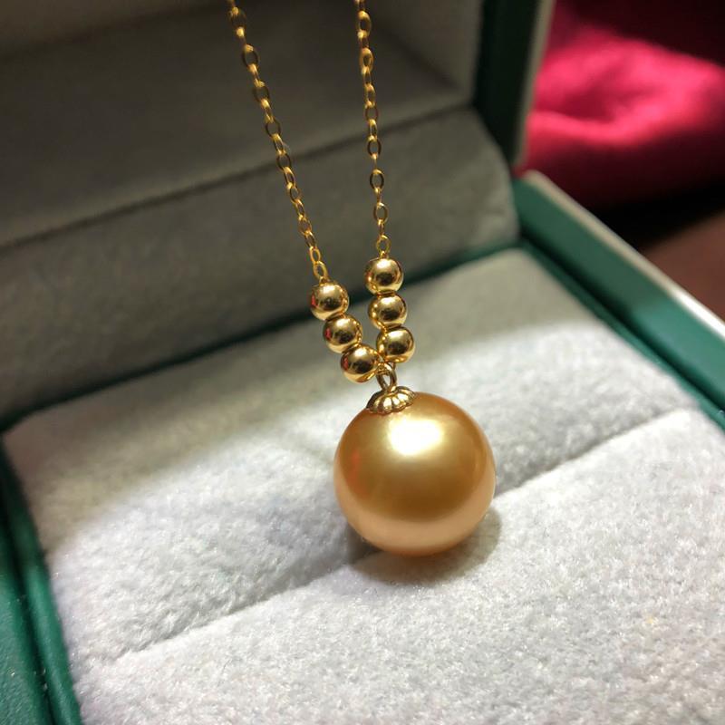 金色1011mm南珠天然南洋金珠吊坠金项链锁骨链61金色珍珠正圆送女友