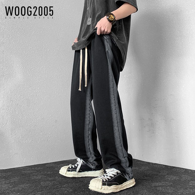 WOOG2005 牛仔裤男宽松拖地长裤侧边条纹阔腿休闲裤ins港风百搭潮