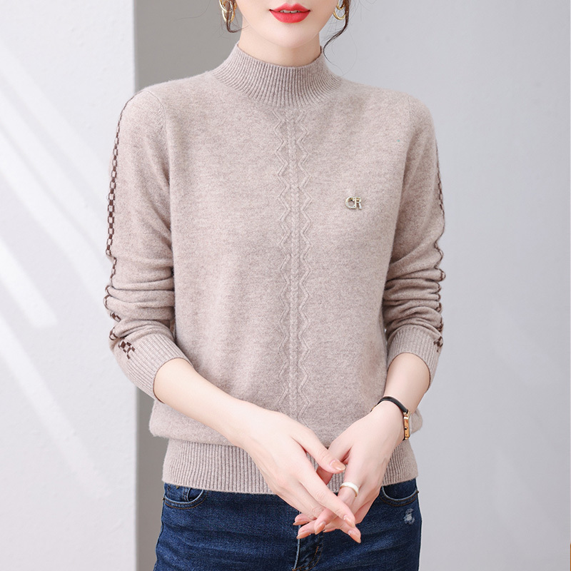 恒源祥100全羊毛衫女套头半高领短款女士毛衣纯色保暖打底衫冬款