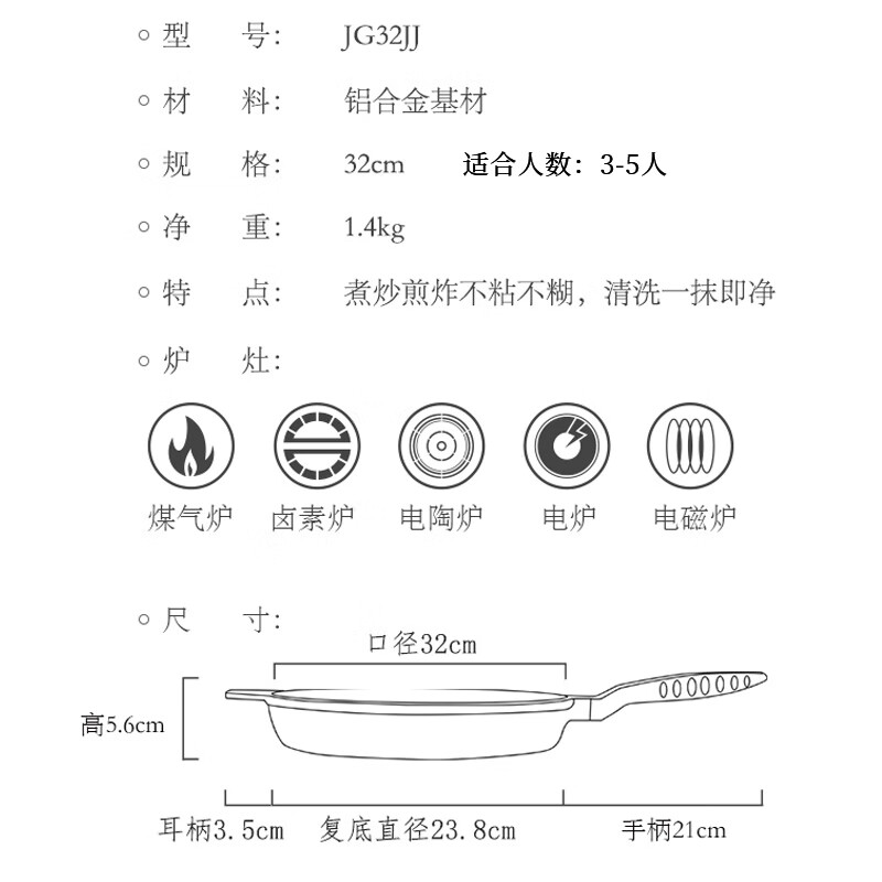 炊大皇平底不粘锅麦饭石色加大牛排煎锅32cm煎蛋饼磁炉通用巨匠JG32JJ高清大图