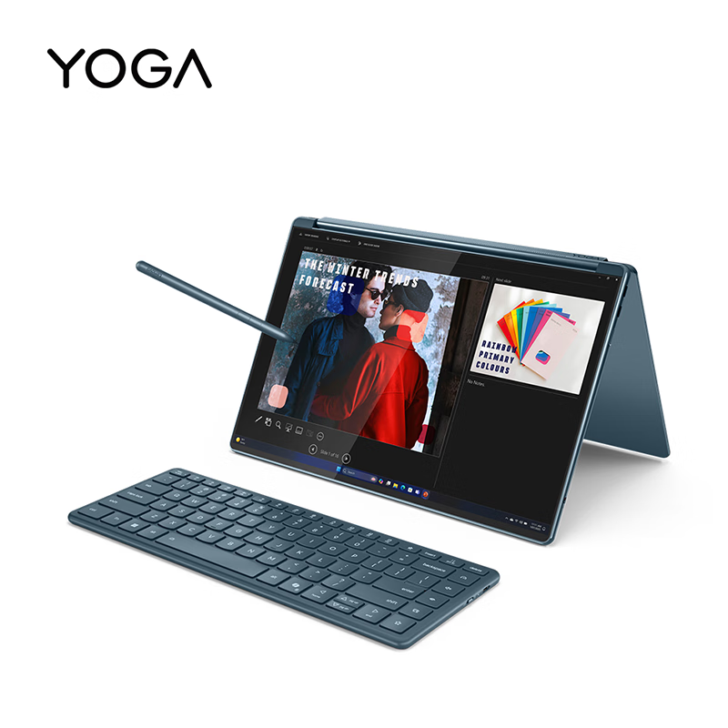联想(Lenovo)YOGABook9i AI元启 14英寸双屏翻转触控屏笔记本电脑 2代酷睿Ultra9-285H 32G 1T 2.8K OLED 键盘 笔 支架)雾海蓝高清大图