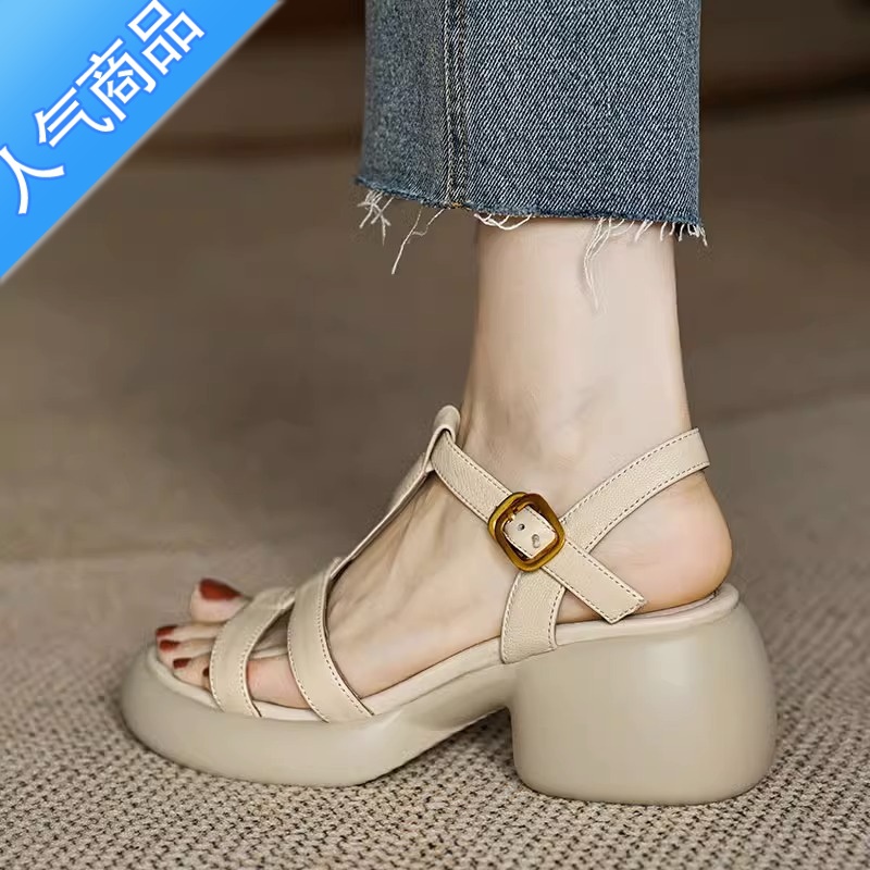 SUNTEKM先生高跟鞋女2023年夏季新款软羊皮复古T型松糕厚底露趾粗跟凉鞋