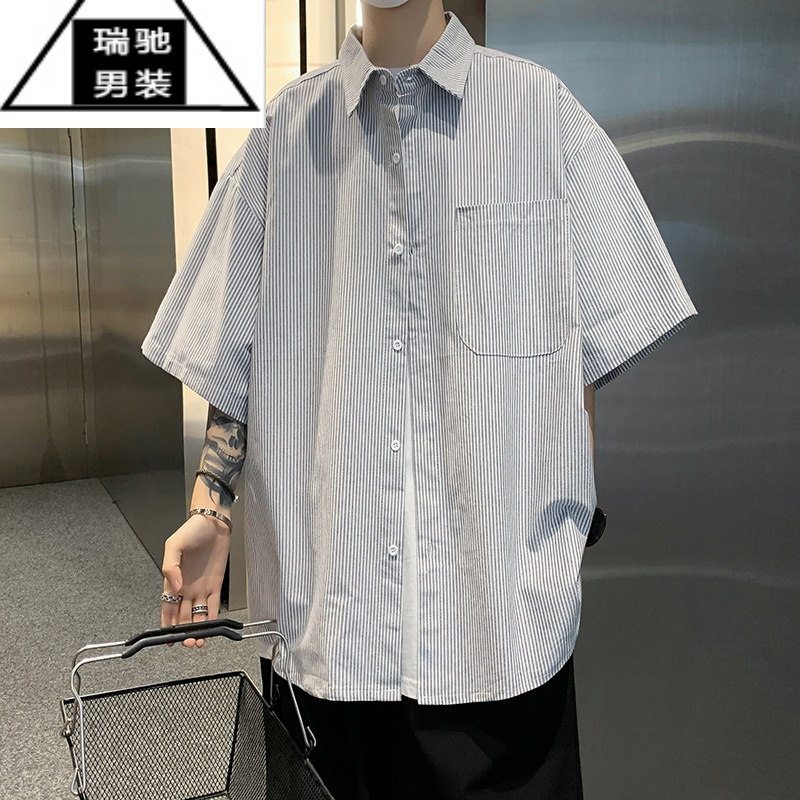 希杰狮王条纹短袖衬衫男2023年新款夏季日系潮牌宽松休闲男生工装衬衣外套