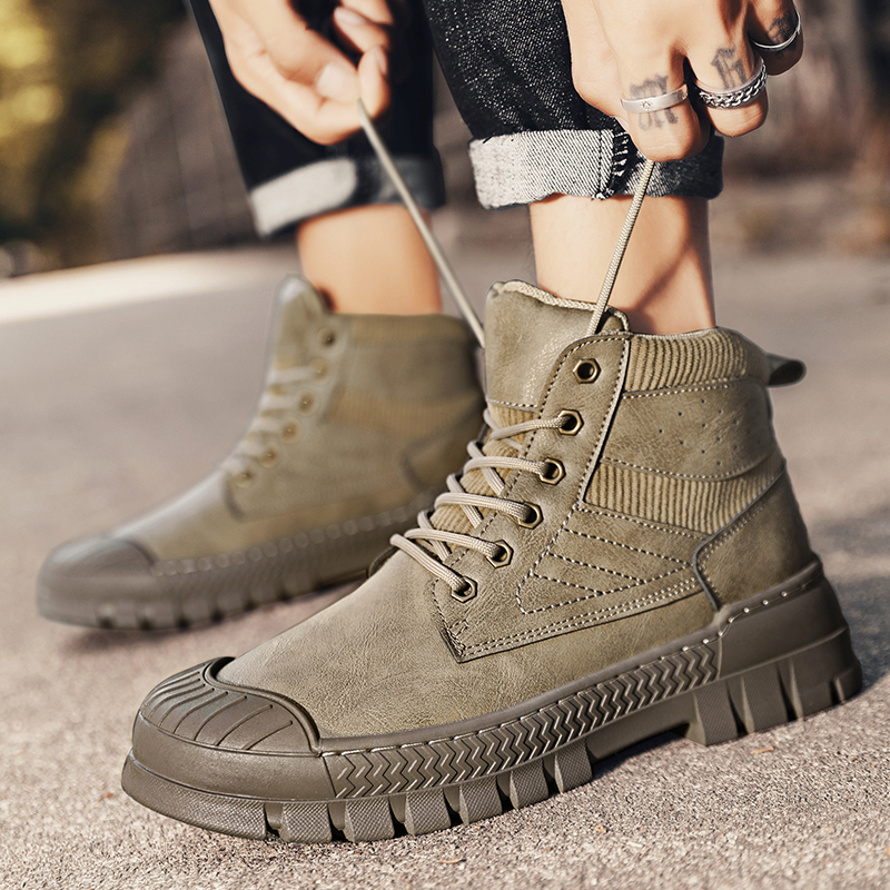 冬季马丁靴男高帮厚底包头耐磨防滑机车靴子时尚百搭潮男工装短靴