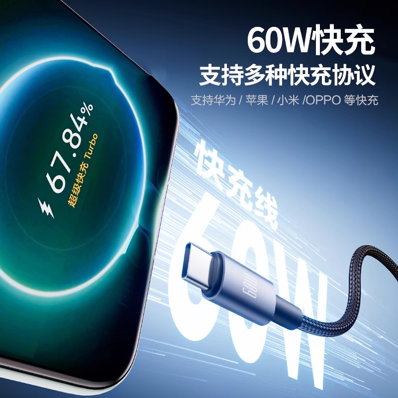 品胜Typec充电线一拖三快充车载双C口适用华为苹果1615快充多头tpc双头三头typc口三合一线1.2米60W高清大图