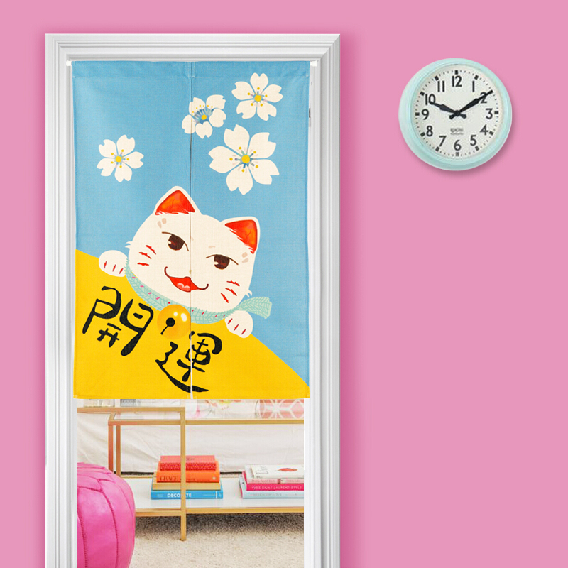 韩式卡通猫帘儿童书房卧室棉麻布艺窗帘隔断玄关帘装饰挂帘进财猫高120CM帘