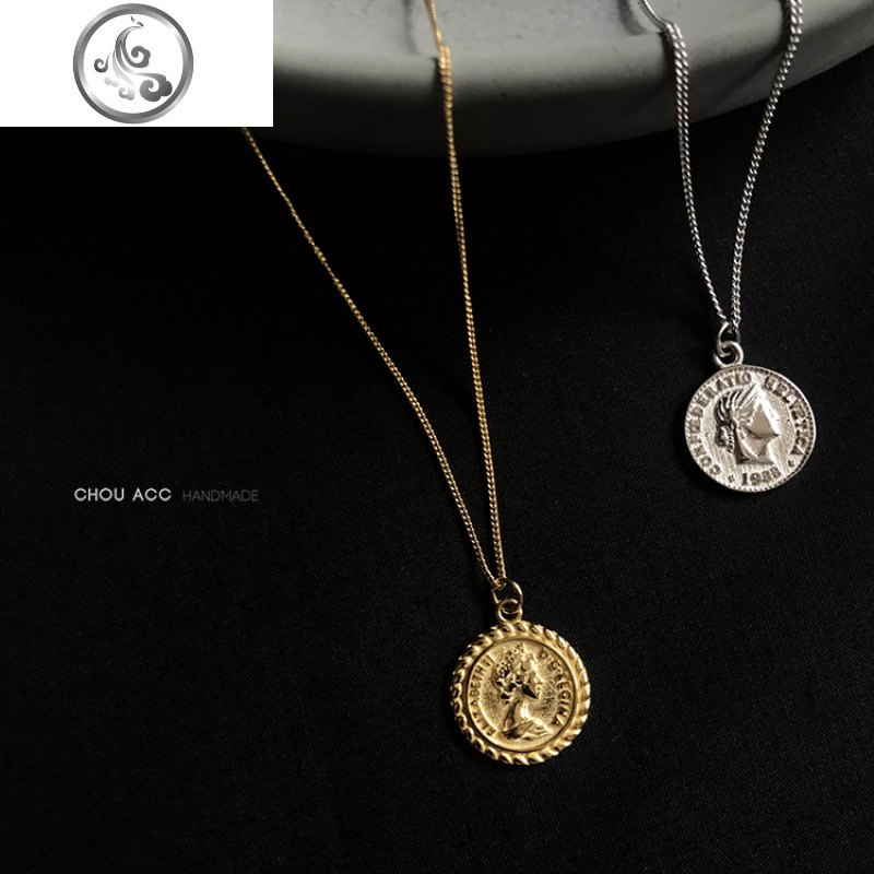 通体S925纯银INS简约复古浮人像金币硬币CHIC锁骨项链毛衣链女 JiMi高清大图