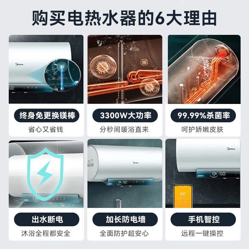 美的电热水器60升储水式双管加热3300W一级能效搪瓷内胆多功率加热8年质保2-3人适用图片