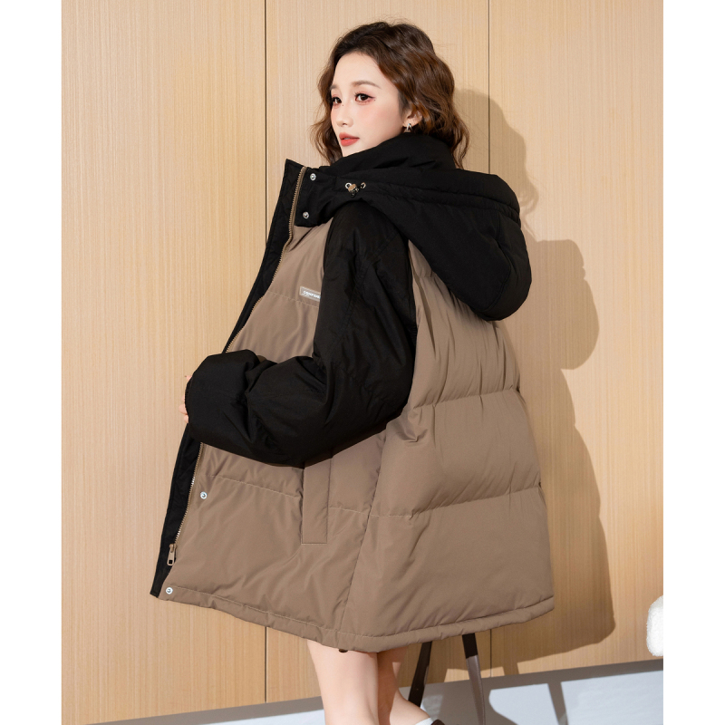 [2.5折价335元]唐狮冬装新款女连帽羽绒服新款拼色短款休闲面包服美拉德穿搭