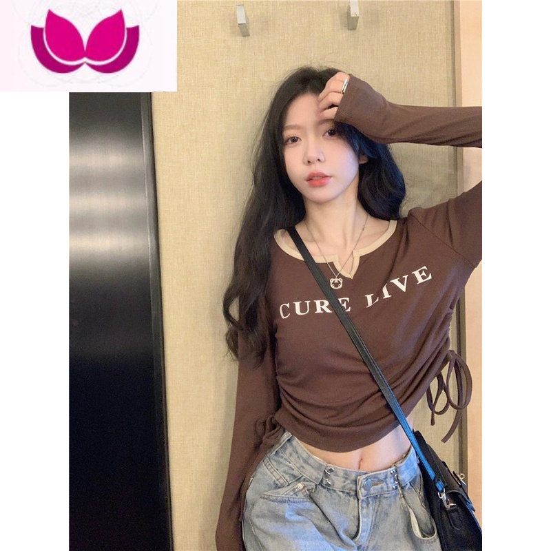 七斓大码胖MM美式复古薄款长袖衫T恤女2023新款字母显瘦短款上衣