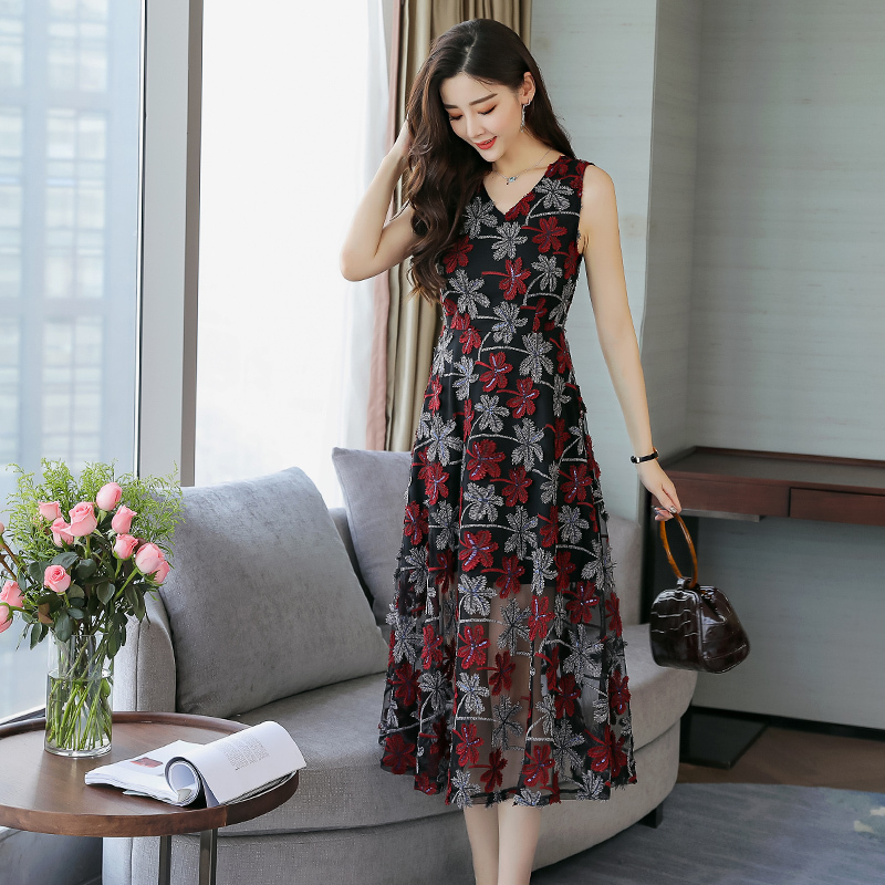 连衣裙夏款女士新品女中长款修身气质A字裙 韩版无袖印花网纱裙潮