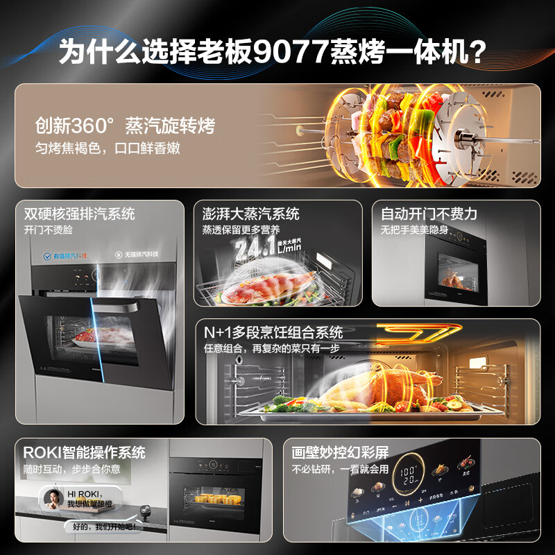 老板(Robam)[蒸汽旋转烤]新款变频55L蒸烤箱一体机妙控炫彩大屏强排汽不熏脸 嵌入式家用盐系C9077A-C5高清大图