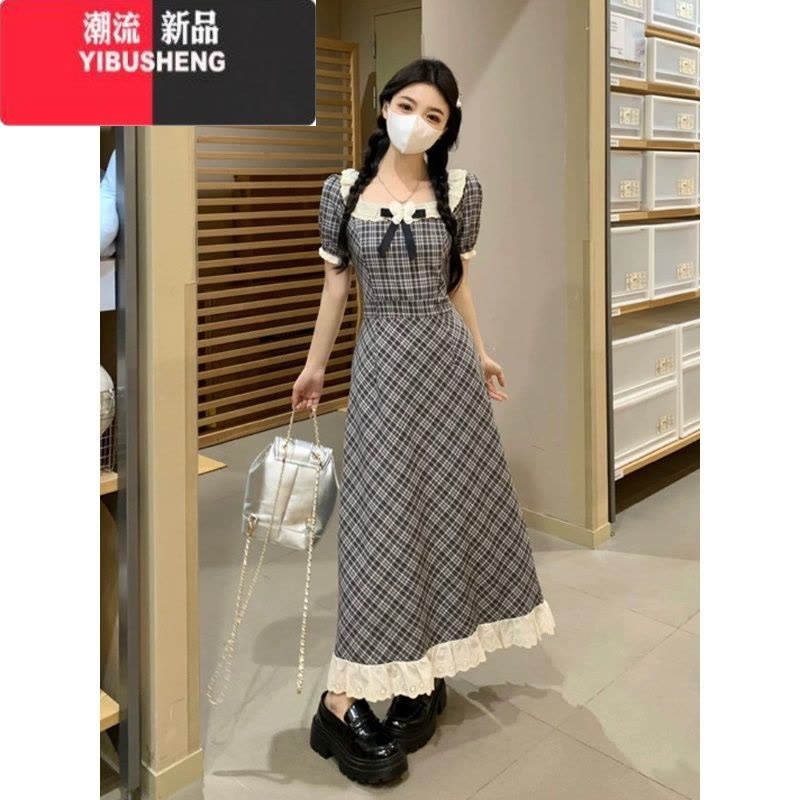 YIBUSHENG学院风格纹泡泡袖连衣裙子女季2024新款高级感气质收腰显瘦长裙图片
