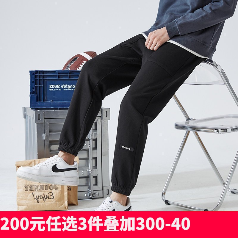 唐狮0春装新款运动裤男宽松束脚卫裤灰黑色休闲裤直筒长裤子 L 黑色