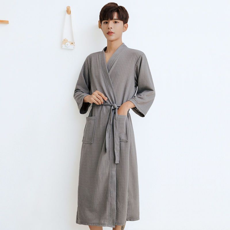 华夫格四季浴袍春秋宽松性感长款情侣睡衣睡裙酒店吸水睡袍睡衣女 华夫格灰色男【长袖】 2XL150-180斤